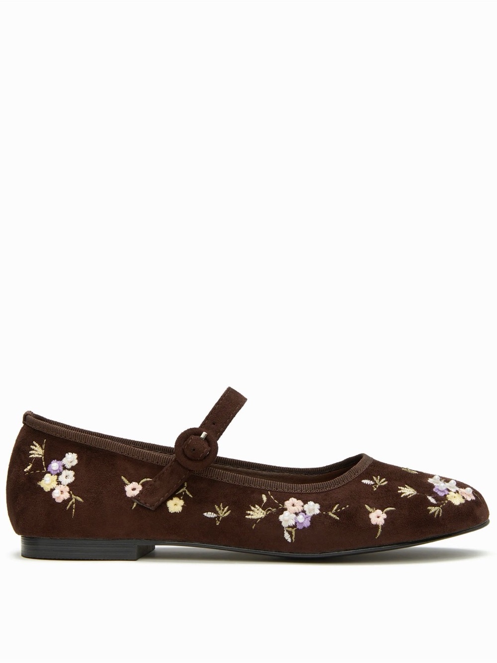 Cider Brown Floral Embroidered Mary Jane Flats - Picture 2 of 3